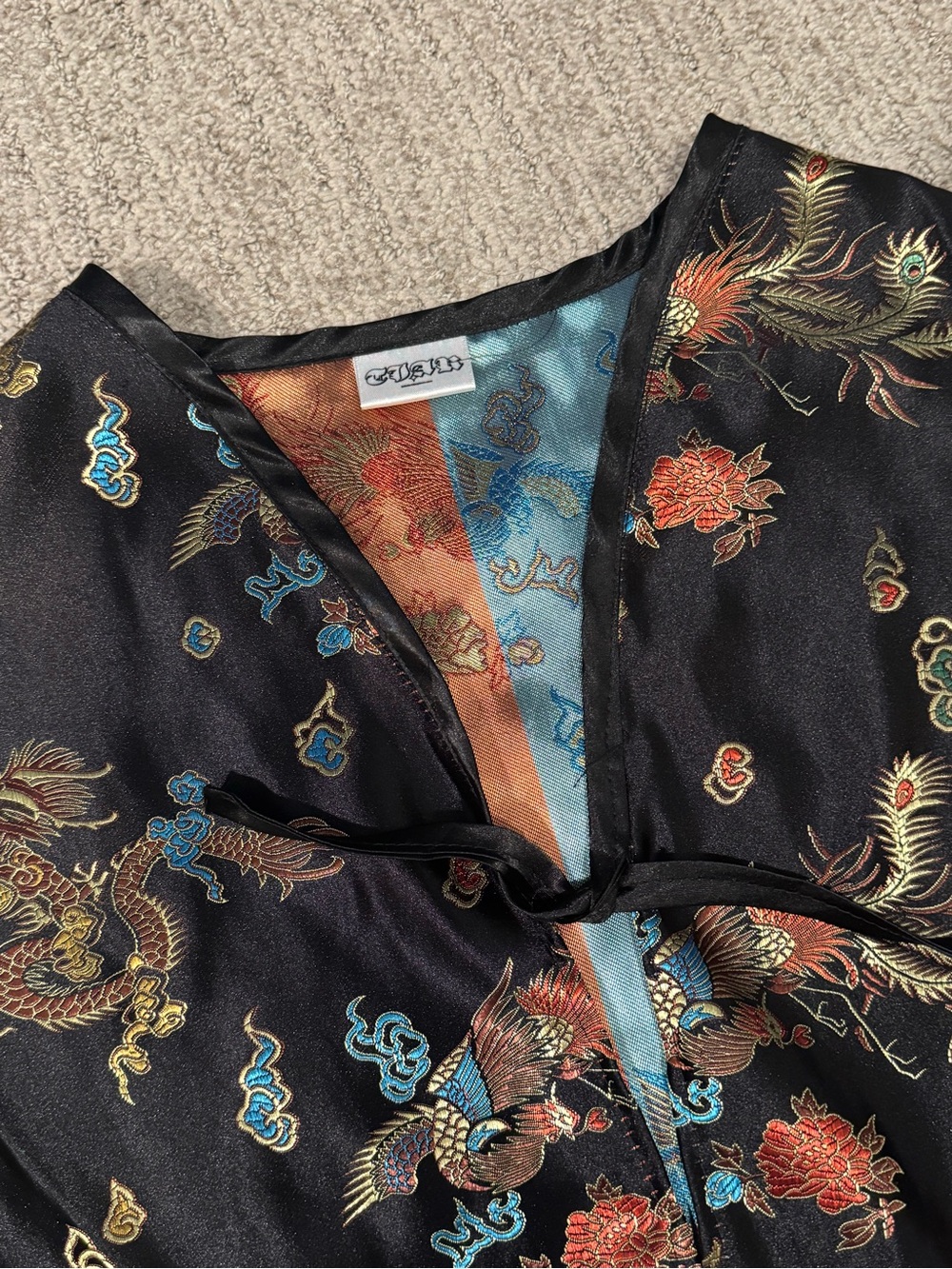 Reworked Silk Dragon Brocade Crop Top Vintage Chinese Tie-Front Kimono Style